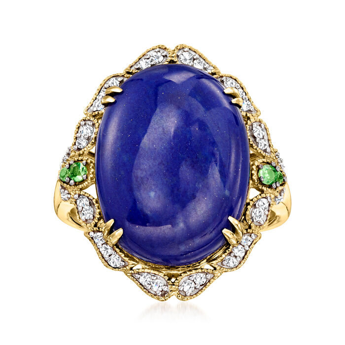 Lapis and .20 ct. t.w. Diamond Ring with Tsavorite Accents in 14kt Yellow Gold