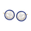10-10.5mm Cultured Pearl and Lapis Bezel-Set Earrings with 14kt Yellow Gold
