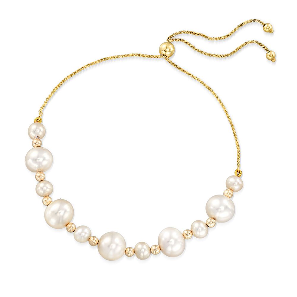 5-9mm Cultured Pearl and 14kt Yellow Gold Bead Bolo Bracelet | Ross-Simons