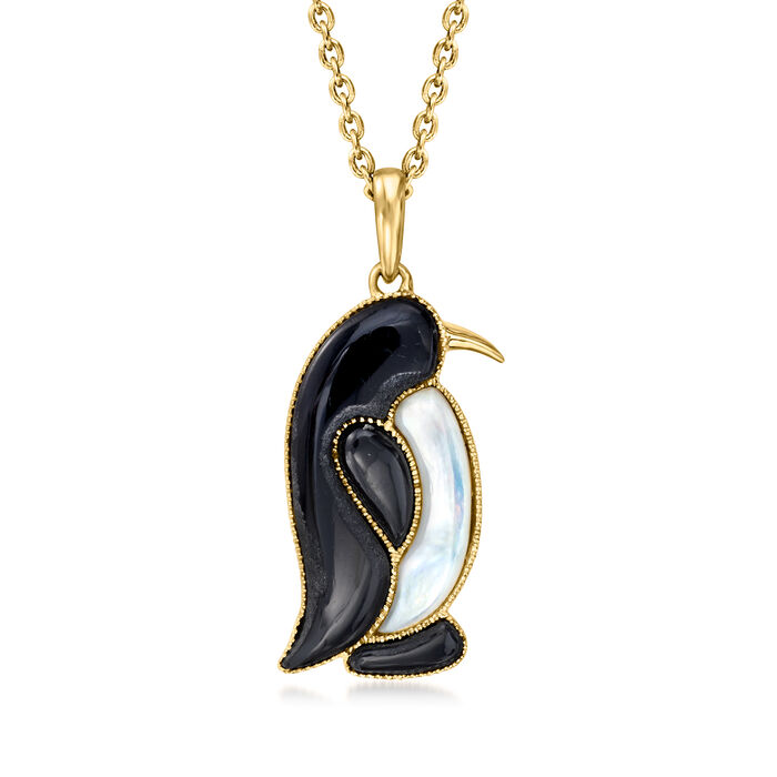Onyx and Mother-of-Pearl Penguin Pendant Necklace in 18kt Gold Over Sterling