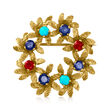 C. 1970 Vintage Turquoise, 1.10 ct. t.w. Sapphire and .55 ct. t.w. Ruby Wreath Pin in 18kt Yellow Gold