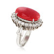 C. 1970 Vintage Red Coral and 1.40 ct. t.w. Diamond Ring in Platinum