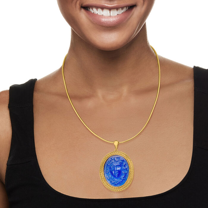Italian Blue Venetian Glass Medusa Pendant in 18kt Gold Over Sterling Pendant