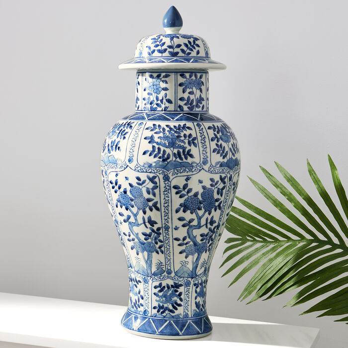Blue and White Porcelain Floral Chrysanthemum Temple Jar 