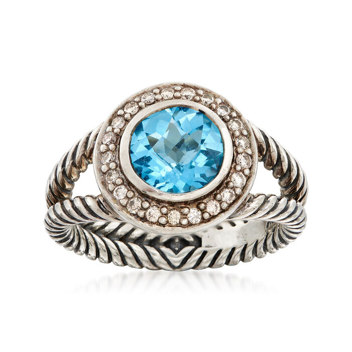 C. 1990 Vintage David Yurman 2.05 Carat Blue Topaz and .25 ct. t.w. Diamond Ring in Sterling Silver