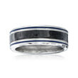 Men's 8mm Tungsten Carbide and Carbon Fiber Wedding Ring with Blue Stripes