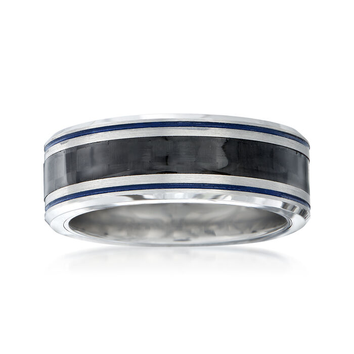 Men's 8mm Tungsten Carbide and Carbon Fiber Wedding Ring with Blue Stripes