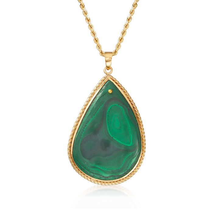 C. 1975 Vintage Malachite Pendant Necklace in 14kt Yellow Gold