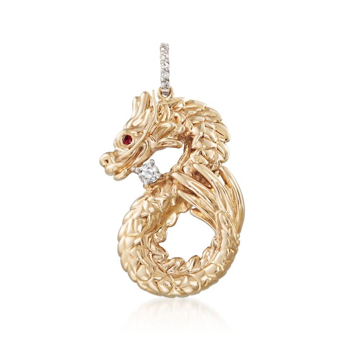 .13 ct. t.w. White Sapphire Dragon Pendant with Ruby Accent in 14kt Yellow Gold