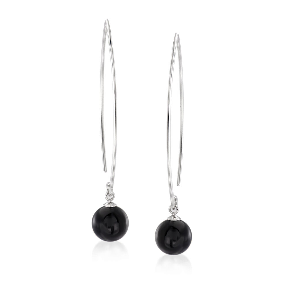 8-8.5mm Black Onyx Bead Drop Earrings in Sterling Silver