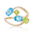 1.90 ct. t.w. Blue Topaz and .80 ct. t.w. Peridot Open Ring with Diamonds in 14kt Yellow Gold