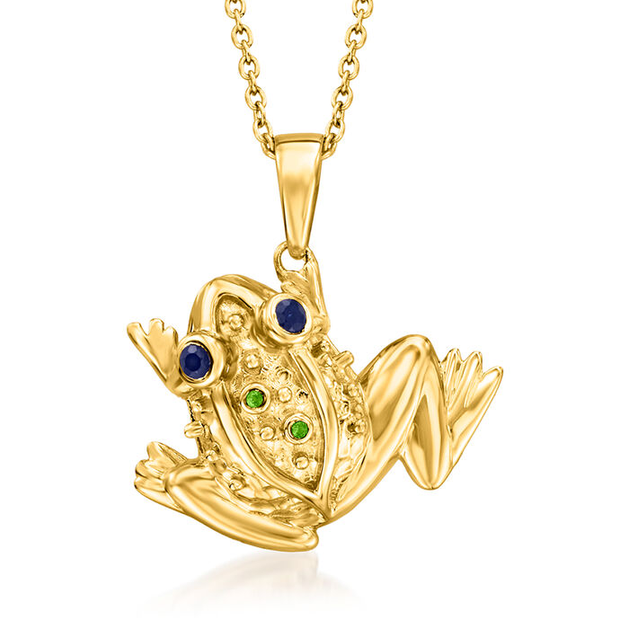 .10 ct. t.w. Sapphire Frog Pendant Necklace with Chrome Diopside Accents in 18kt Gold Over Sterling