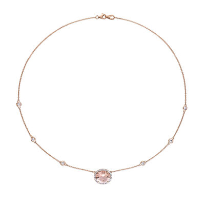 4.00 Carat Morganite Necklace with .80 ct. t.w. White Sapphires and .16 ct. t.w. Diamonds in 14kt Rose Gold