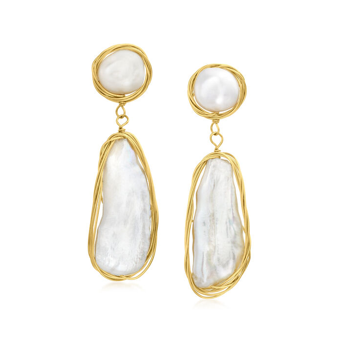 8-25mm Cultured Baroque Pearl Drop Earrings in 18kt Gold Over Sterling