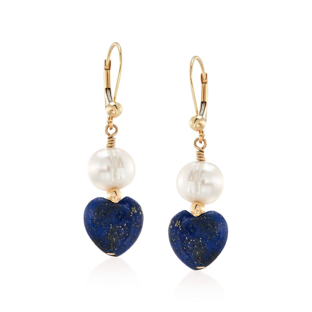 8-8.5mm Cultured Semi-Baroque Pearl and Lapis Heart Bead Drop Earrings in 14kt Gold