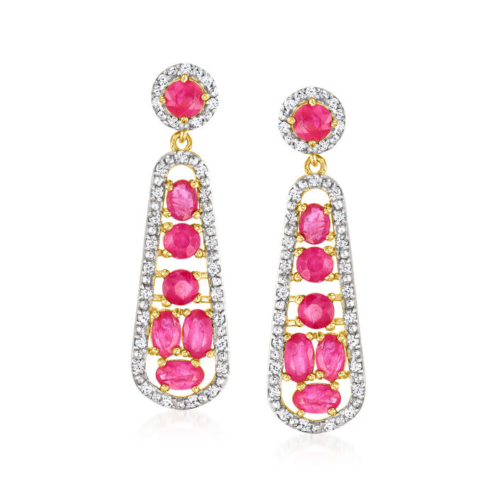 3.60 ct. t.w. Ruby and .60 ct. t.w. White Zircon Drop Earrings in 18kt Gold Over Sterling