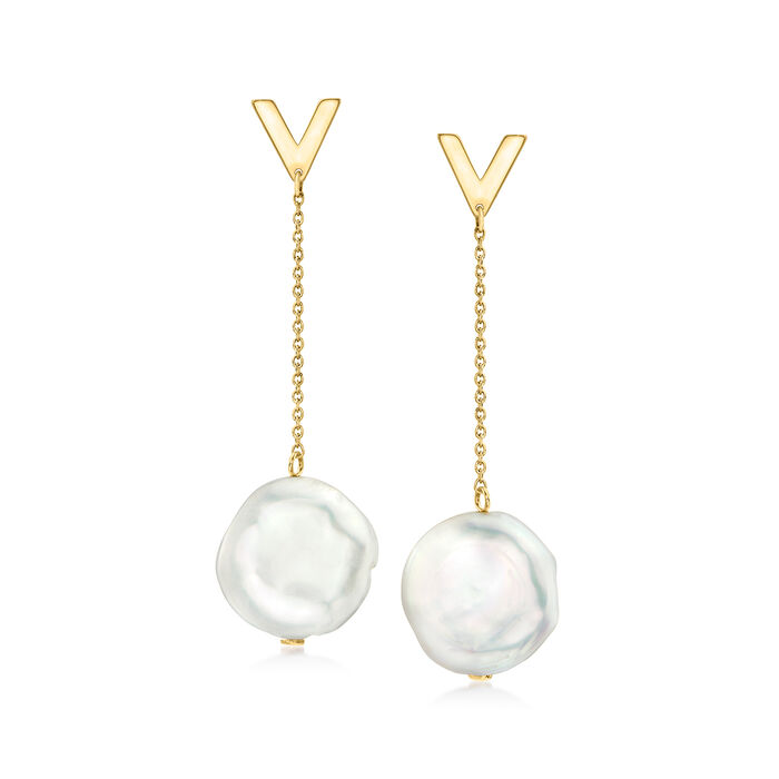 12-13mm Cultured Coin Pearl Drop Earrings in 14kt Yellow Gold