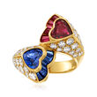 C. 1980 Vintage 1.40 ct. t.w. Sapphire, 1.40 ct. t.w. Ruby and 1.50 ct. t.w. Diamond Heart Bypass Ring in 18kt Yellow Gold