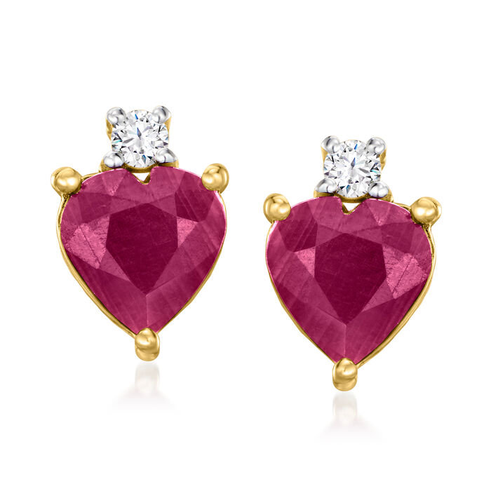 2.00 ct. t.w. Ruby Heart Earrings with Diamond Accents in 14kt Yellow Gold