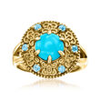 Turquoise and .20 ct. t.w. Swiss Blue Topaz Etruscan-Style Ring in 18kt Gold Over Sterling