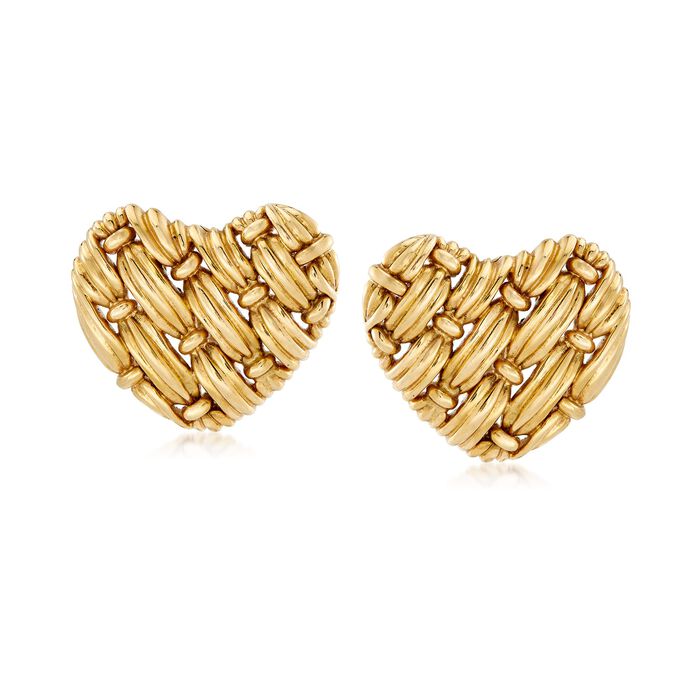 C. 1992 Vintage Tiffany Jewelry 18kt Yellow Gold Basketweave Heart Clip-On Earrings