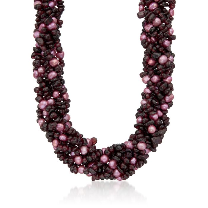 Garnet and Pink Cultured Semi-Baroque Pearl Torsade Necklace with Sterling Silver
