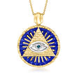 Blue Enamel Evil Eye Medallion Pendant Necklace with London Blue Topaz Accent in 18kt Gold Over Sterling