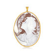 C. 1950 Vintage Brown Shell Woman with Flowers Cameo Pin/Pendant in 18kt Yellow Gold
