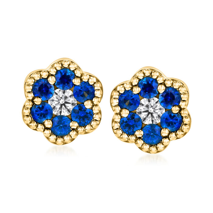.90 ct. t.w. Sapphire and .25 ct. t.w. Diamond Flower Earrings in 14kt Yellow Gold