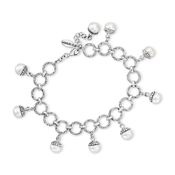 8mm Cultured Pearl Bali-Style Charm Bracelet in Sterling Silver