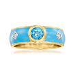 .40 Carat Swiss Blue Topaz and Blue Enamel Ring with Diamond Accents in 18kt Gold Over Sterling