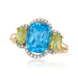 3.60 Carat Blue Topaz, .90 ct. t.w. Peridot and .11 ct. t.w. Diamond Ring in 14kt Yellow Gold