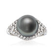 11mm Black Cultured Tahitian Pearl and .59 ct. t.w. Diamond Ring in 14kt White Gold