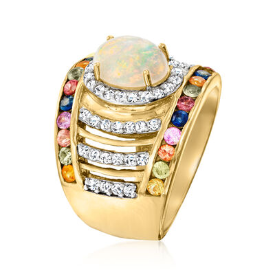 Opal Ring with 1.30 ct. t.w. Multicolored Sapphires and .60 ct. t.w. White Zircon in 18kt Gold Over Sterling