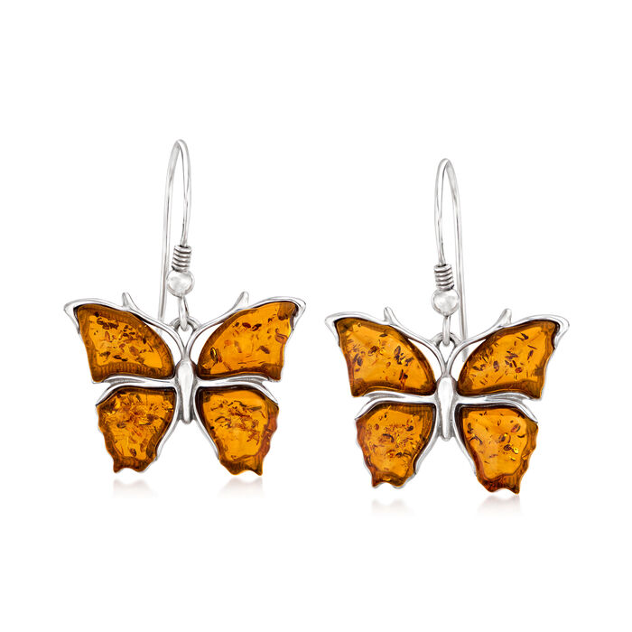 Amber Butterfly Drop Earrings in Sterling Silver