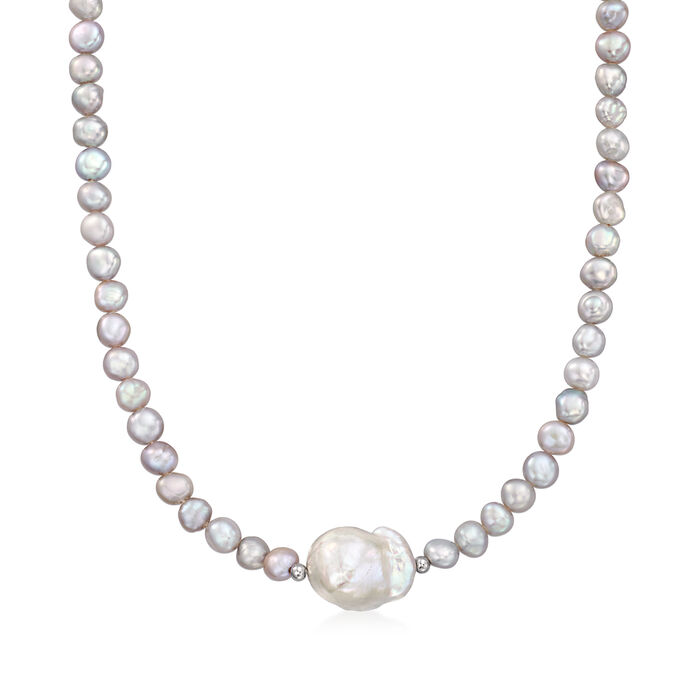 6-6.5mm Gray and 14-16mm White Cultured Baroque Pearl Necklace with Sterling Silver