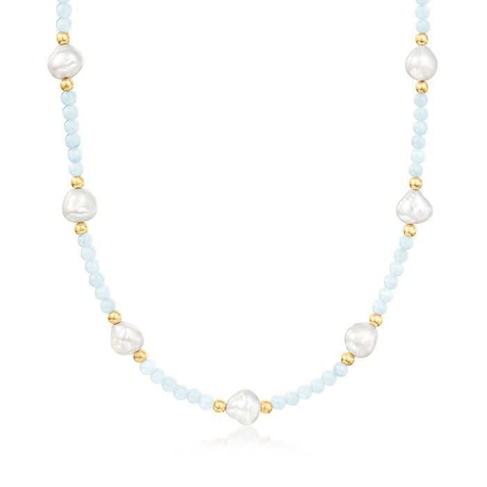 30.00 ct. t.w. Aquamarine Bead and 8-10mm Cultured Pearl Necklace in 14kt Yellow Gold