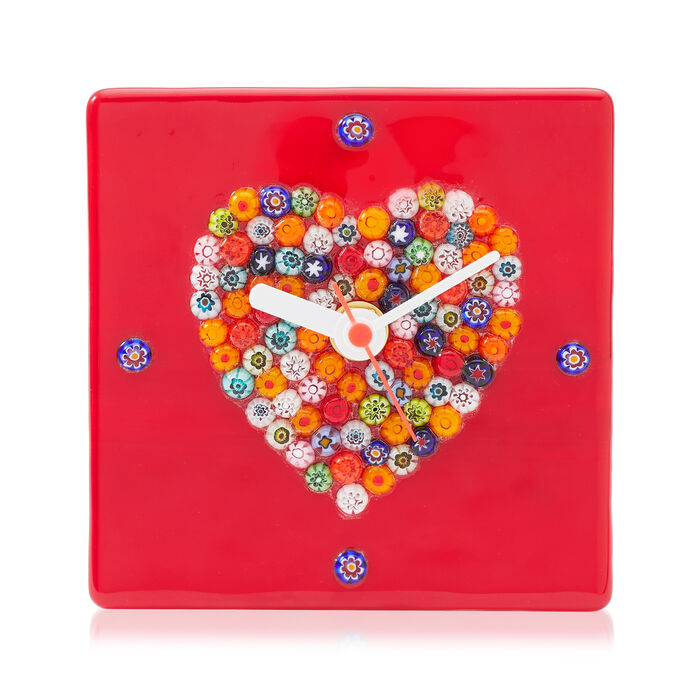 Multicolored Murano Glass Millefiori Heart Clock from Italy