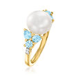 9.5-10mm Cultured Pearl and .80 ct. t.w. Sky Blue Topaz Ring with Diamond Accents in 18kt Gold Over Sterling