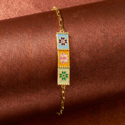 Multicolored Enamel Floral ID Paper Clip Link Bracelet in 18kt Gold Over Sterling