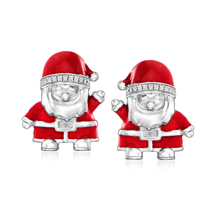 Sterling Silver Santa Earrings with Diamond Accents and Red Enamel
