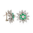 C. 1970 Vintage 5.50 ct. t.w. Diamond and 1.50 ct. t.w. Emerald Floral Earrings in 14kt White Gold