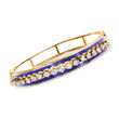 C. 1930 Vintage 2.10 ct. t.w. Diamond and Blue Enamel Bangle Bracelet in 14kt Yellow Gold
