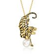 18kt Gold Over Sterling and Black Enamel Tiger Pin/Pendant Necklace with 8-8.5mm Cultured Pearl