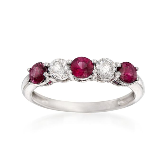 .70 ct. t.w. Ruby and .40 ct. t.w. Diamond Five-Stone Ring in 14kt White Gold