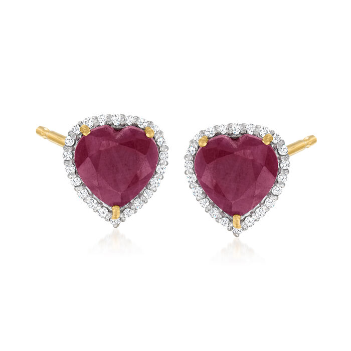 5.00 ct. t.w. Ruby Heart Earrings with .30 ct. t.w. White Topaz in 18kt Gold Over Sterling