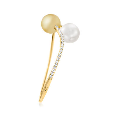 12-13mm White and Golden Cultured South Sea Pearl Bypass Bangle Bracelet with 1.00 ct. t.w. Diamonds in 18kt Yellow Gold