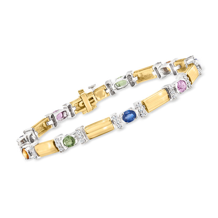 C. 1990 Vintage 3.86 ct. t.w. Multicolored Sapphire and .75 ct. t.w. Diamond Section Bracelet in 14kt Two-Tone Gold