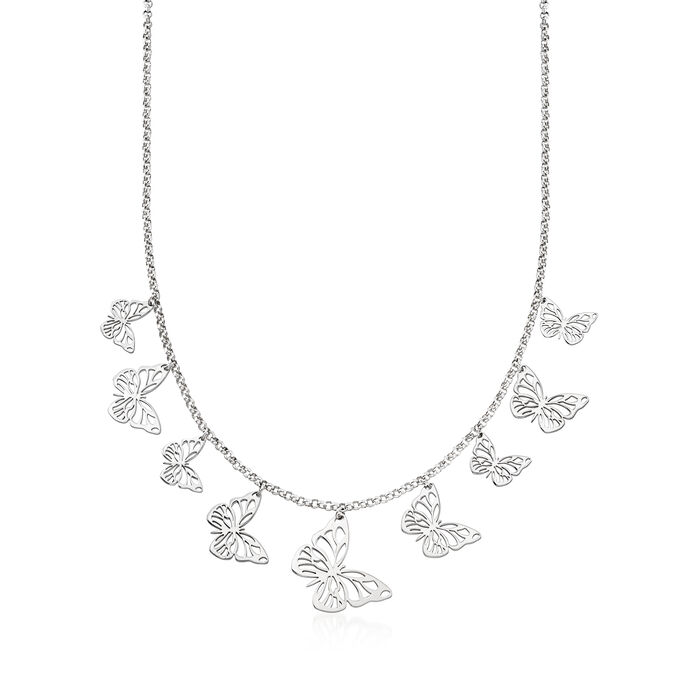 Italian Sterling Silver Graduated Butterfly Necklace 