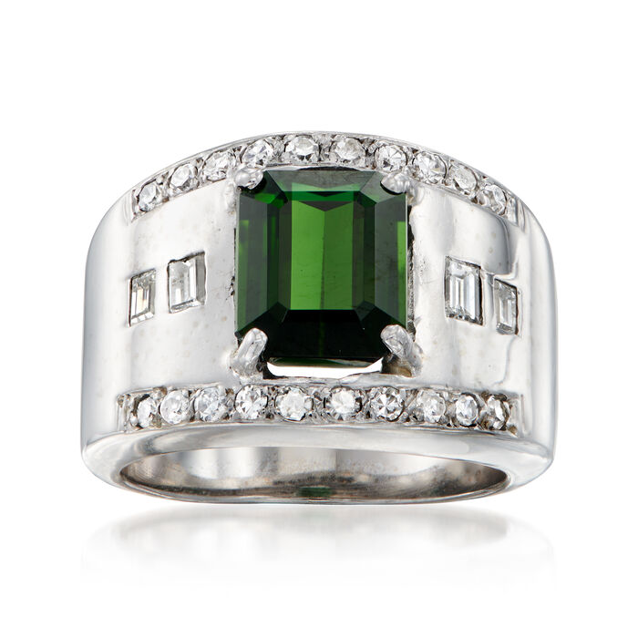 C. 1980 Vintage 2.50 Carat Green Tourmaline and .65 ct. t.w. Diamond Ring in 14kt White Gold